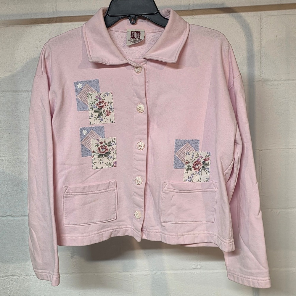 Art Unlimited Sportswear Pink Floral Patchwork Button Sweatshirt Jacket‎ Women M